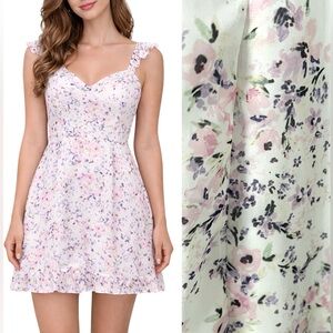 Divided Floral Ruffle Strap Mini Dress White Pink Purple Floral Spring Casual S